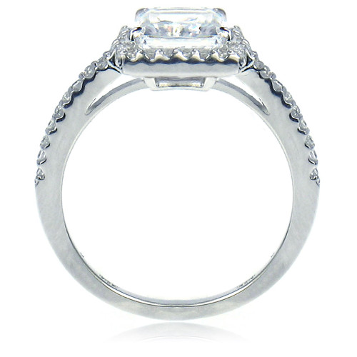 Bagwell 1.5 carat radiant emerald cut lab grown diamond quality cubic zirconia micro pave halo engagement ring in 14k white gold.