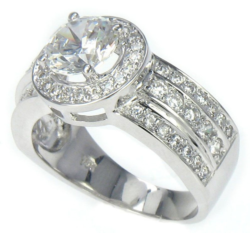 Isadora 1.25 carat round lab grown diamond alternative cubic zirconia halo three row pave solitaire engagement ring in 14k white gold.