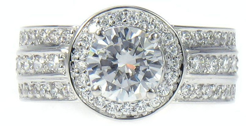 Isadora 1.25 carat round laboratory grown diamond simulant cubic zirconia halo three row pave solitaire engagement ring in 14k white gold.
