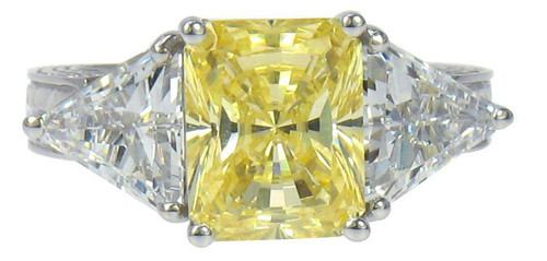 Valiosa 4 carat emerald radiant cut canary laboratory grown diamond quality cubic zirconia trillion engagement ring in platinum.