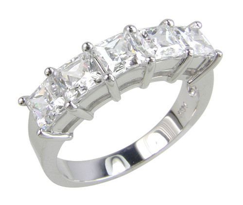 Veneto princess cut laboratory grown diamond simulant cubic zirconia five stone anniversary band in 14k white gold.