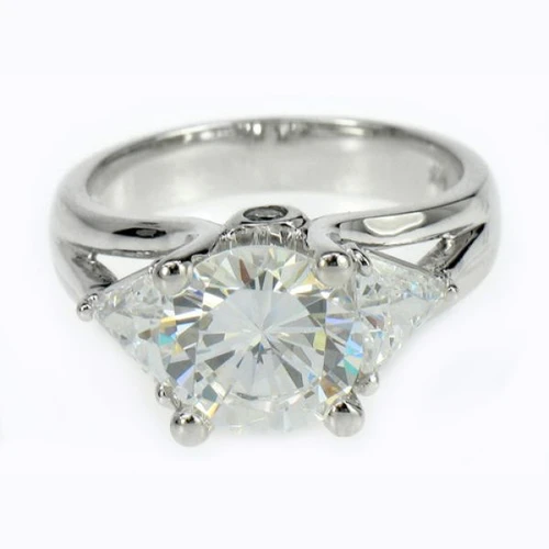 Futuristic Brilliance 2 carat round lab grown diamond simulant cubic zirconia trillion engagement ring in 14k white gold.