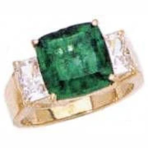 Tsoler 5.5 carat cushion cut with emerald cut lab grown diamond simulant cubic zirconia side stones in 14k yellow gold.