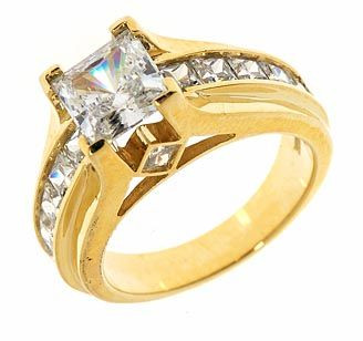 Princess Cut 1.5 Carat Channel Set Engagement Ring with lab grown diamond simulant cubic zirconia in 14k yellow gold.
