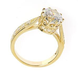 Round 2.5 Carat Cathedral Pave Solitaire with lab grown diamond alternative cubic zirconia in 14k yellow gold.