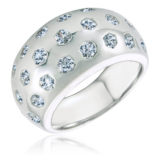 Bombay Burnish Set Round Domed Band with lab grown diamond simulant cubic zirconia in 14k white gold.