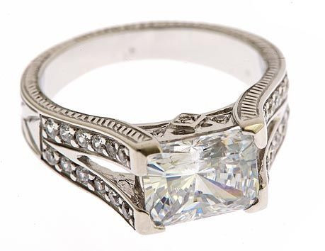 Segway 2.5 carat emerald radiant cut lab grown diamond alternative cubic zirconia antique estate style ring in platinum.