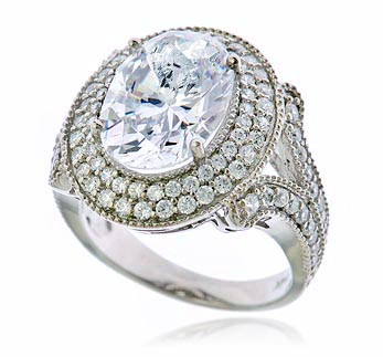 Vista 5.5 carat oval double halo lab grown diamond simulant cubic zirconia cocktail engagement ring set in platinum.