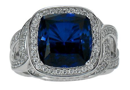 Corsair 5.5 carat cushion cut lab grown diamond look cubic zirconia engagement ring in 14k gold or platinum.