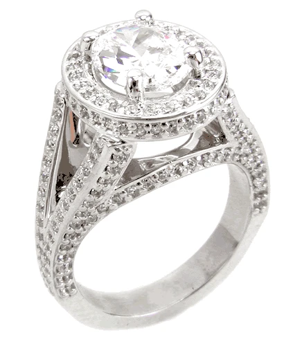 TomKat 2.5 carat oval laboratory grown diamond look cubic zirconia pave halo split shank solitaire engagement ring in 14k rose gold.
