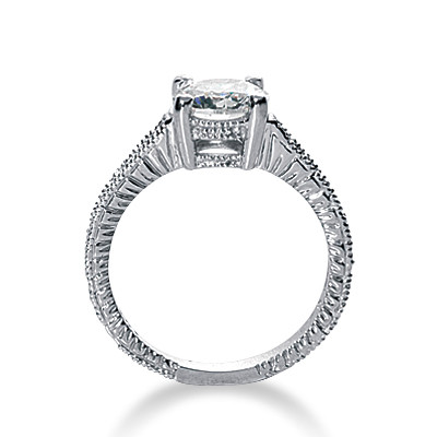 Claudine 2 carat round lab grown diamond simulant cubic zirconia pave engraved solitaire engagement ring in platinum.