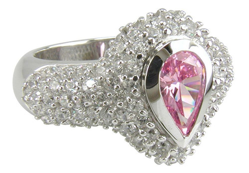 Bezel set pink 1 carat pear lab grown diamond quality cubic zirconia pave encrusted halo engagement ring in platinum.