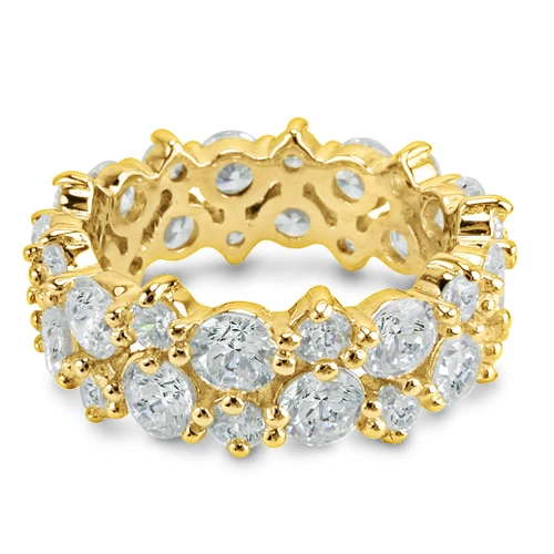 Round lab grown diamond simulant cubic zirconia prong set garland cluster eternity band in 14k yellow gold.