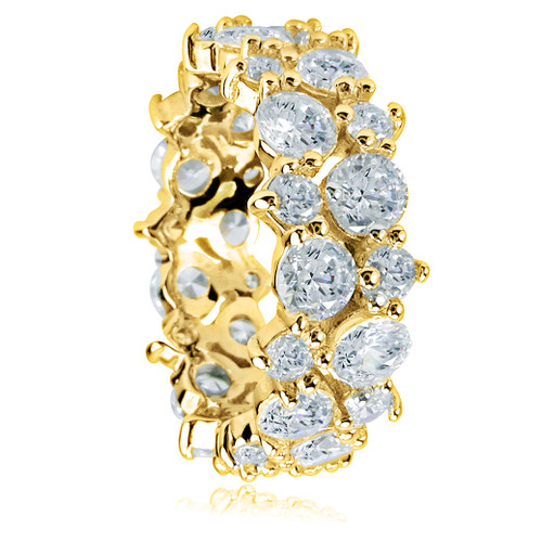 Round lab grown diamond simulant cubic zirconia prong set garland cluster eternity band in 14k yellow gold.