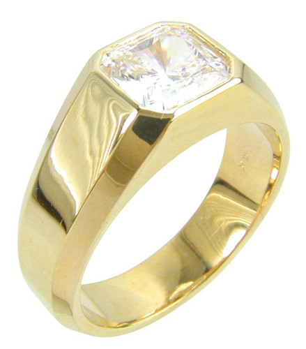 Valentino 4 Carat Bezel Set Princess Cut Mens Ring with lab grown diamond look cubic zirconia in 14k yellow gold.