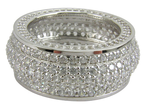 Domed pavé set round laboratory grown diamond alternative cubic zirconia eternity band in platinum.