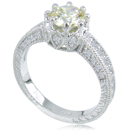 Hannah 1 carat lab grown diamond quality cubic zirconia round engraved antique estate style solitaire in 14k white gold.