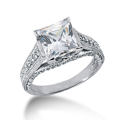 Clarisse 2.5 carat princess cut lab grown diamond simulant cubic zirconia cathedral engraved solitaire in 14k white gold.