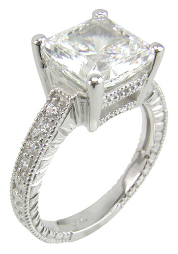 Claudine 1 carat princess cut lab created cubic zirconia pave engraved engagement ring in 14k white gold.