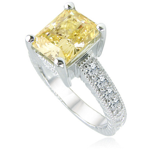 Claudine 2.5 emerald radiant cut lab grown diamond alternative cubic zirconia engraved pave solitaire engagement ring in 14k white gold.