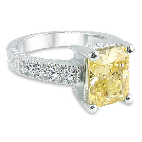 Claudine 1 carat emerald radiant lab grown diamond alternative cubic zirconia pave engraved engagement ring in 14k white gold.