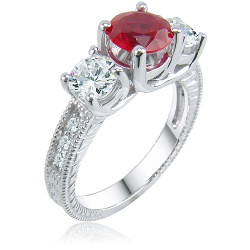 Finley 1 carat lab grown diamond quality cubic zirconia round man made ruby engraved three stone ring in 14k white gold.