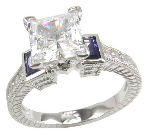 Trevora 1.5 carat princess cut lab grown diamond alternative cubic zirconia emerald cut man made sapphire engagement ring in platinum.