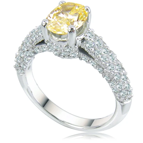 Correlli 1 carat oval canary lab grown diamond simulant cubic zirconia cathedral pave encrusted engagement ring in 14k white gold.