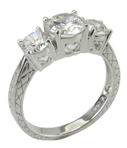 Bryant 1 carat round laboratory grown diamond alternative cubic zirconia three stone antique estate anniversary ring in 14k white gold.