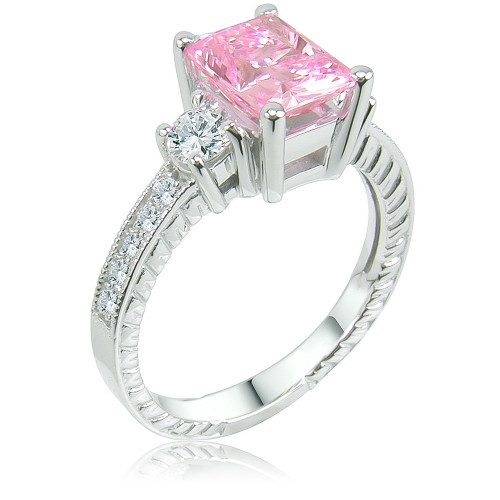 Ophelia 1.5 carat pink emerald radiant cut lab grown diamond look cubic zirconia engraved solitaire in 14k white gold.