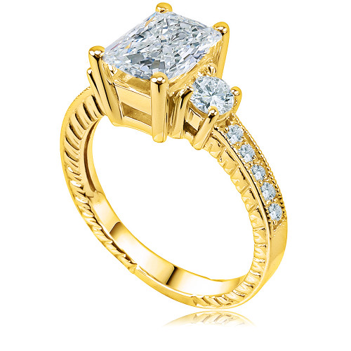 Ophelia 1.5 carat emerald radiant cut lab grown diamond look cubic zirconia engraved solitaire in 14k yellow gold.