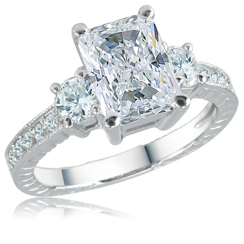 Ophelia 1.5 carat emerald radiant cut lab grown diamond look cubic zirconia engraved solitaire in 14k white gold.