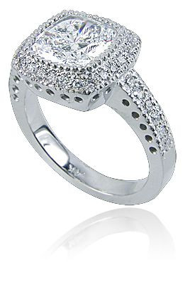 Gervase 2.5 carat cushion cut square laboratory grown diamond look cubic zirconia halo solitaire engagement ring in 14k white gold.