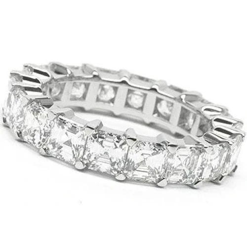 .50 Carat Each Asscher Cut Laboratory Grown Diamond Look Cubic Zirconia Shared Prong Set Eternity Band in 14k white gold and platinum.