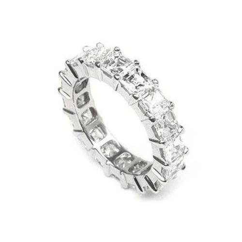 Asscher Cut .75 carat each lab grown diamond alternative cubic zirconia prong set eternity band set in 14k white gold and platinum.