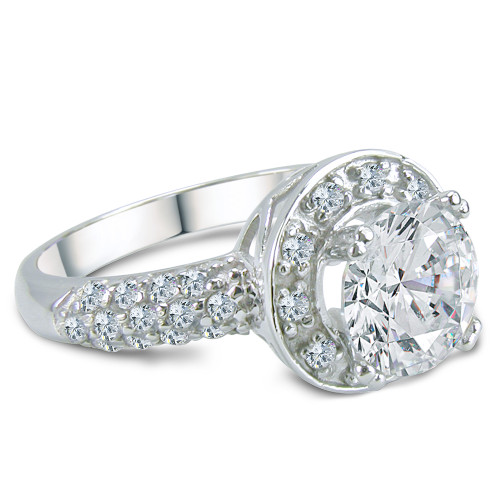 Contigo halo style 2 carat round and pave lab grown diamond alternative cubic zirconia solitaire engagement ring in 14k white gold.