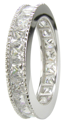 Milgrain channel set princess cut lab grown diamond simulant cubic zirconia eternity band in 14k white gold.