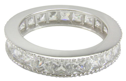 Milgrain channel set princess cut lab diamond alternative cubic zirconia eternity band in 14k white gold.
