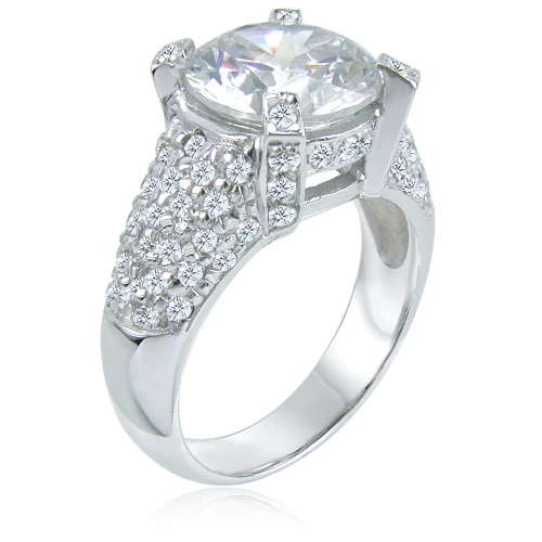Round 3.5 carat lab grown diamond simulant cubic zirconia pave encrusted solitaire engagement ring in 14k white gold.