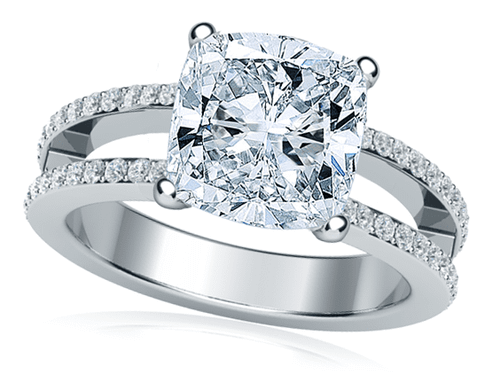 Britney 2.5 Carat Cushion Cut Laboratory Grown Diamond Look Cubic Zirconia Micro Pave Set Split Shank Solitaire Engagement Ring in 14k white gold.