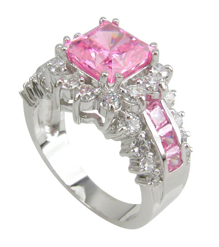 Louisa 1.5 carat princess cut pink laboratory grown diamond simulant cubic zirconia halo engagement ring in 14k white gold.