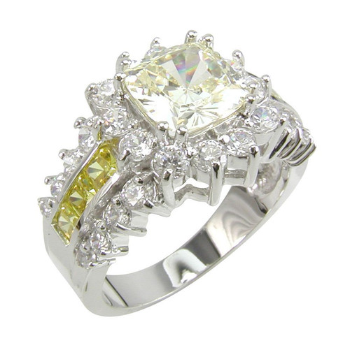 Louisa 1.5 carat princess cut canary lab grown diamond alternative cubic zirconia halo engagement ring in 14k white gold.