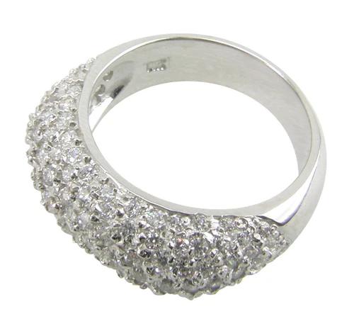 Pave set round lab grown diamond quality cubic zirconia squared style domed band in platinum.