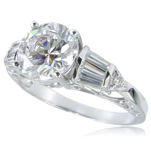Scriptique 2 carat round lab grown diamond alternative cubic zirconia triple baguette antique scroll solitaire engagement ring in 14k white gold.