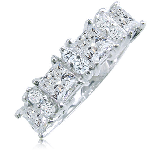 Promenade princess cut alternating prong set round lab grown diamond quality cubic zirconia anniversary wedding band in platinum.