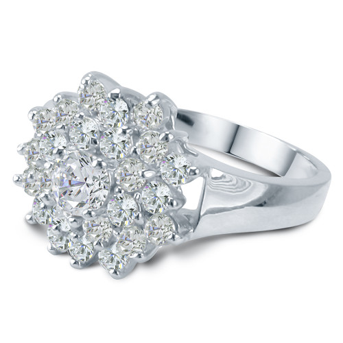 Twinkle round laboratory grown diamond simulant cubic zirconia cluster ring in 14k white gold and 14k white gold.