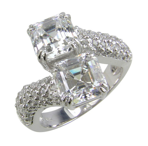 Double 1.5 carat each asscher cut lab grown diamond alternative cubic zirconia pave encrusted toi et moi bypass engagement ring in 14k white gold.