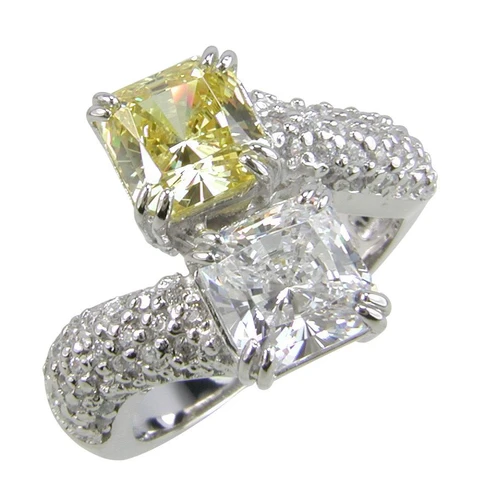 Princess Duo 1.5 carat each lab grown diamond simulant cubic zirconia and pave two stone toi et moi bypass engagement ring in 14k white gold.