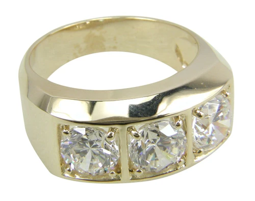 Trio 1 carat each three stone round mens ring with lab grown diamond alternative cubic zirconia in 14k yellow gold.