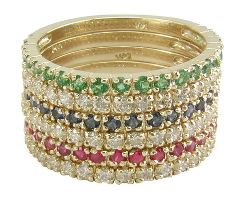 Stackable pave set round lab grown diamond alternative cubic zirconia anniversary bands in 14k yellow gold.